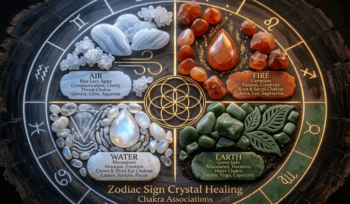 An arrangement of gemstones representing the four zodiac elements&mdash;Fire, Earth, Air, and Water&mdash;focused on crystal healing and chakra alignment.