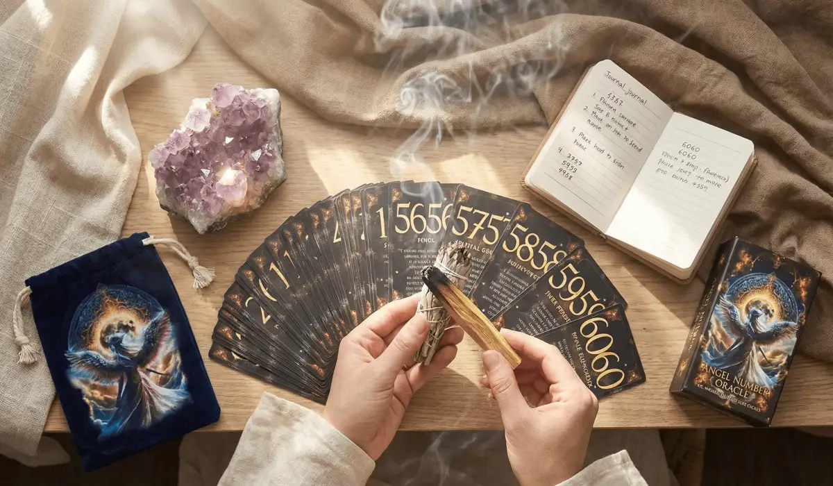A spiritual cleansing ritual with sage smoke and crystals to activate an Angel Number oracle card deck for daily guidance.