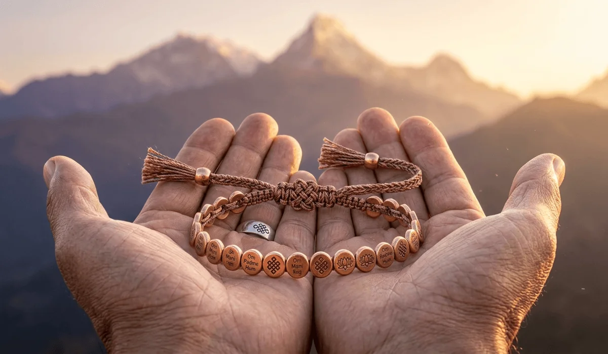 Handcrafted Tibetan copper bracelet with mantra beads held against a Himalayan mountain sunset, symbolizing spiritual grounding.