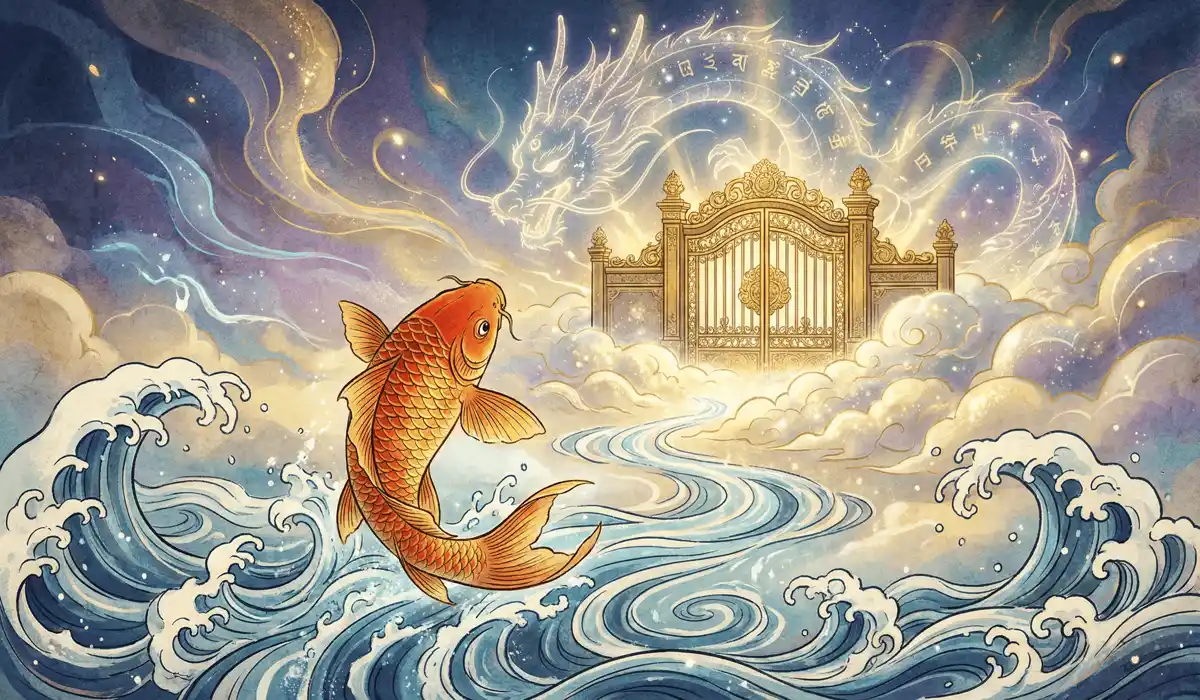 The Japanese legend of the koi fish jumping over the Dragon Gate to transform into a celestial dragon.