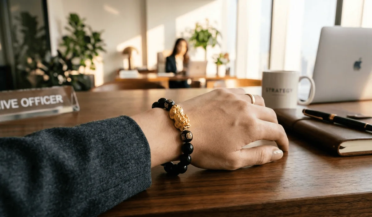 Correct way to wear a Pixiu bracelet on the left hand with the head facing outward to attract wealth.