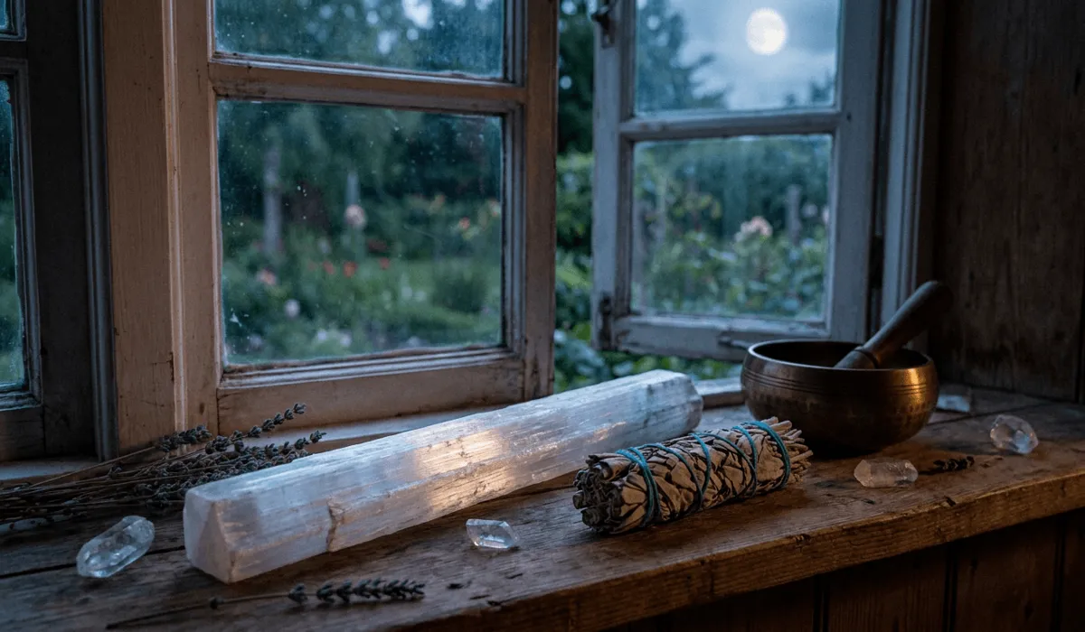 Raw Satin Spar selenite wand on a moonlit windowsill next to a dried sage smudge bundle for dry crystal cleansing.