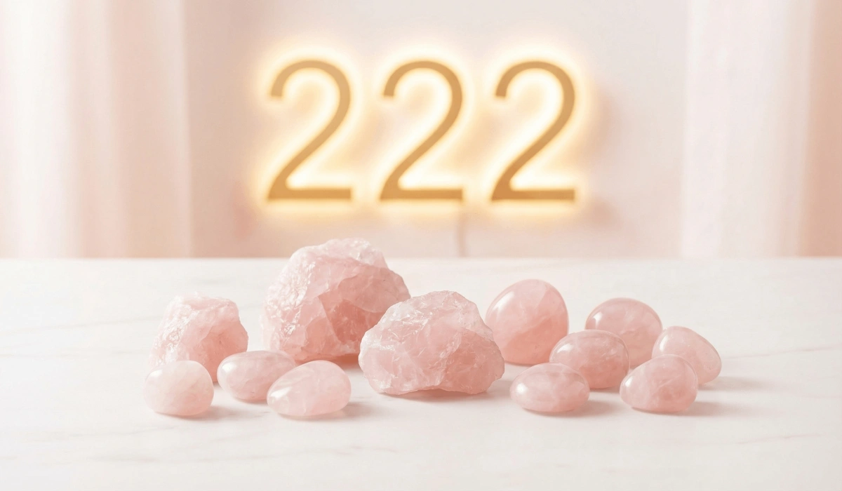Raw Rose Quartz crystals and angel number 222 glowing in a serene spiritual setting representing divine alignment.