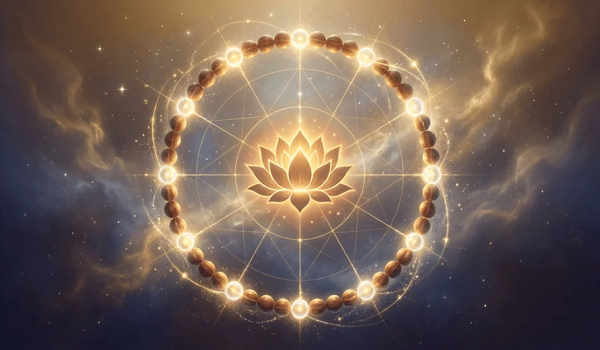 Artistic representation of the spiritual significance of 108 mala beads and their connection to sacred geometry and cosmic harmony.