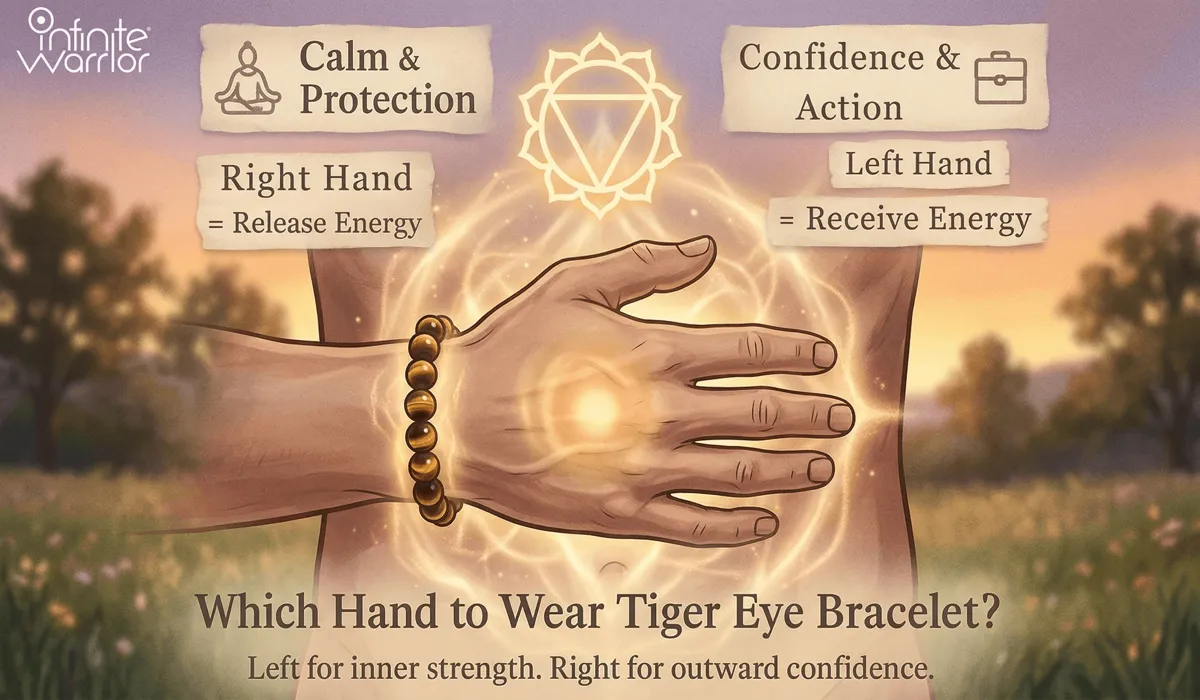 Tiger&rsquo;s Eye bracelet being worn to activate the Solar Plexus chakra for inner strength and courage.