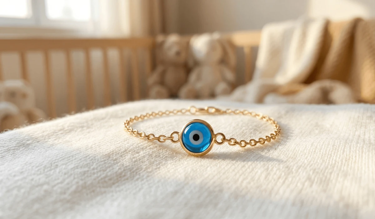 Handcrafted 14K gold baby evil eye bracelet on a soft white blanket, illustrating safe and traditional infant protection jewelry.