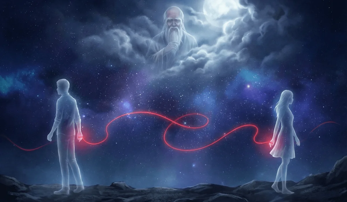 An artistic representation of the Chinese Red Thread of Fate mythology showing two soulmates connected by a glowing red string.