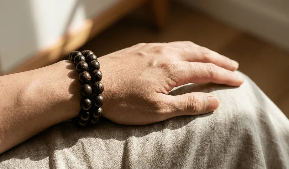 Close-up of a polished real ebony wood bead bracelet worn on the left wrist for spiritual energy protection and grounding.