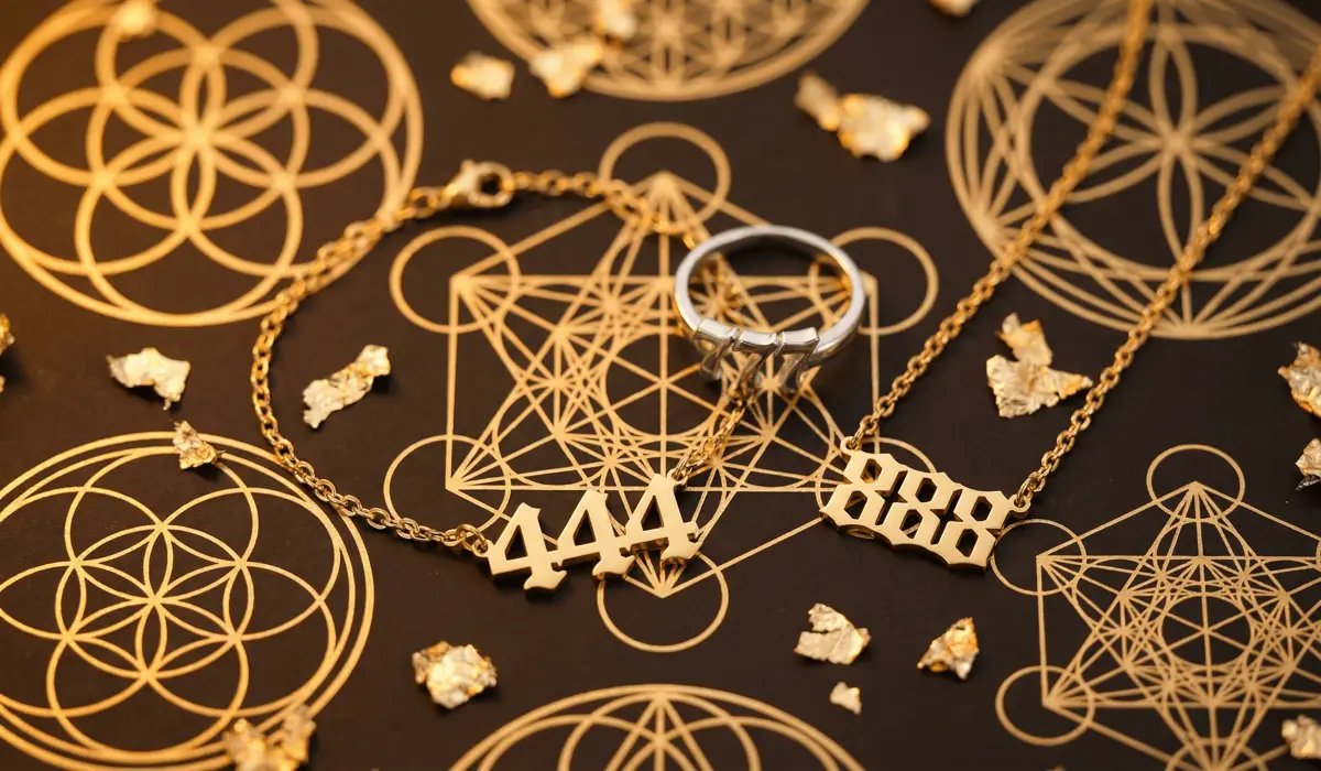 A collection of angel number jewelry including 444 and 777 sequences layered over sacred geometry symbols, representing spiritual meaning and numerology.