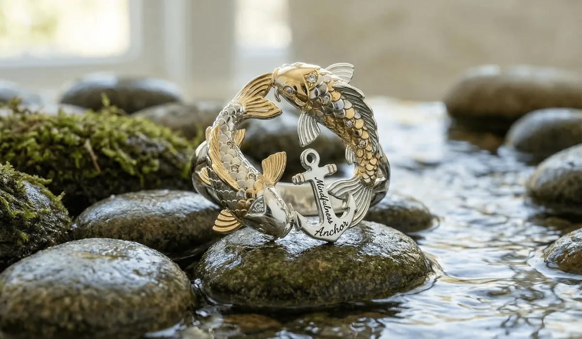 Detailed jewelry photography of a dual koi fish ring representing endurance and emotional balance.