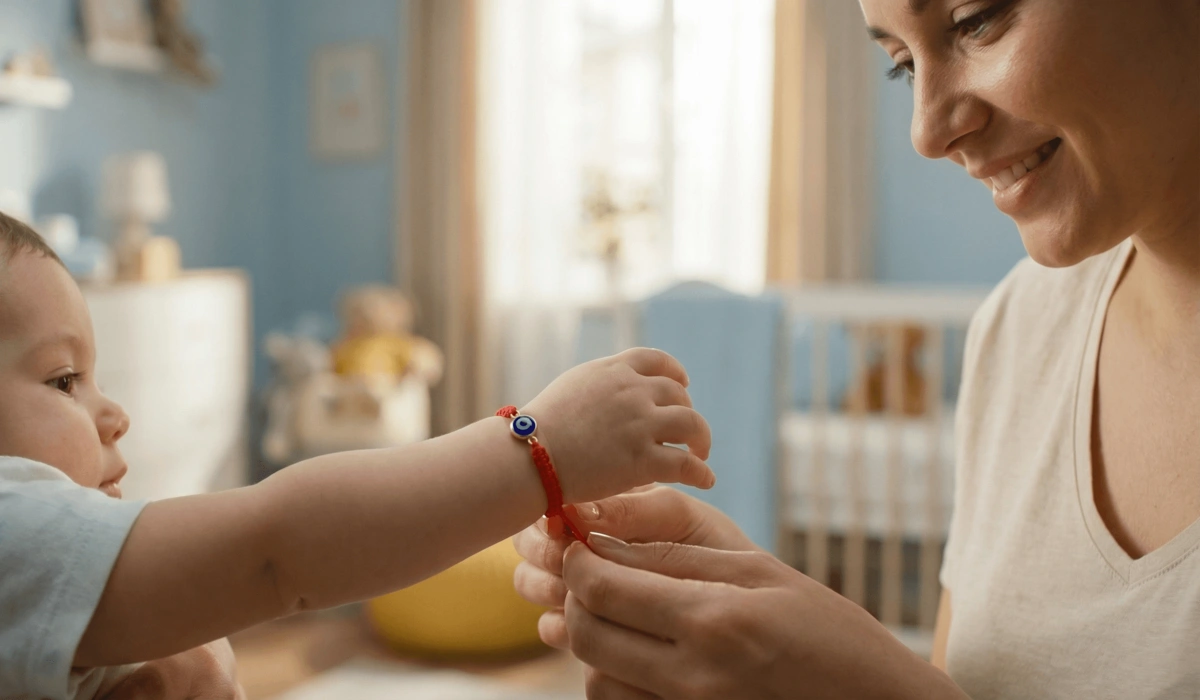 A mother tying a red string bracelet on her baby's left wrist to ward off the evil eye and set positive intentions.