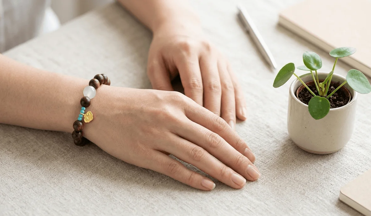 Close-up of an Eaglewood bracelet worn on the left hand for Feng Shui luck and attracting positive energy.