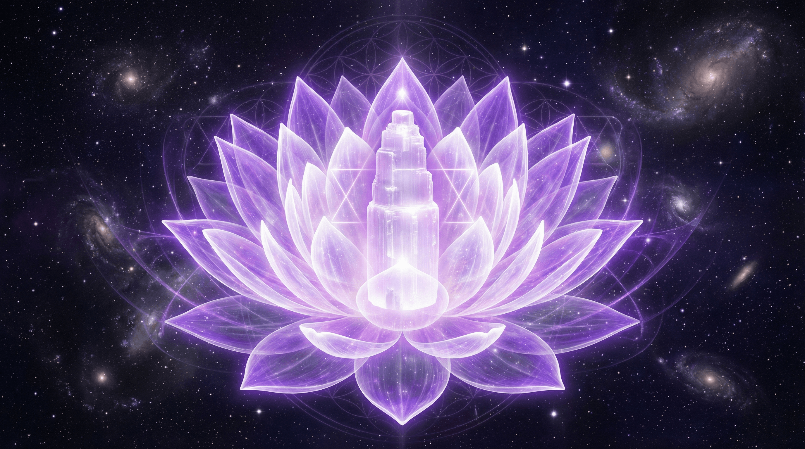 Symbolic thousand-petaled lotus representing the Crown Chakra with a glowing Selenite crystal in a cosmic setting.