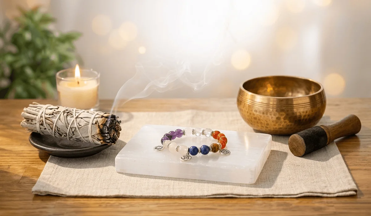 Spiritual bracelet being cleansed and charged on a Selenite plate with sage and a singing bowl.