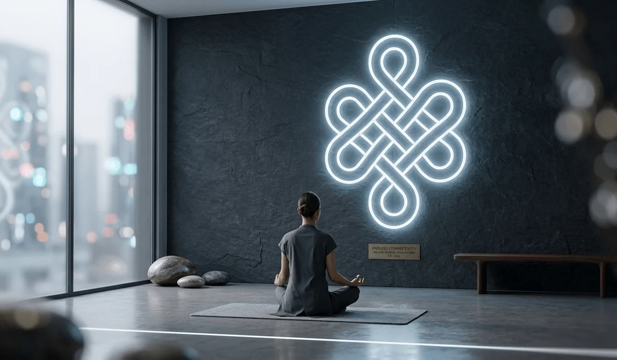 A modern neon Eternal Knot installation in a minimalist setting, symbolizing spiritual connectivity and balance in a fragmented modern world.
