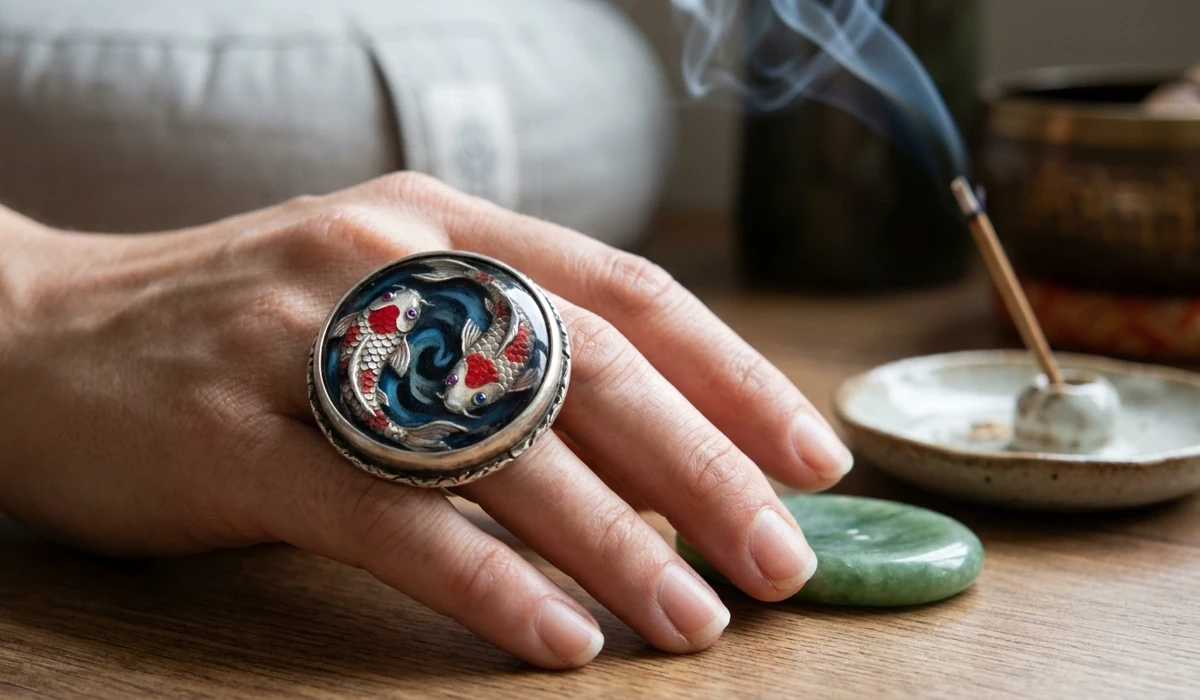Detailed shot of Yin Yang Koi jewelry being worn as a spiritual talisman for mindfulness and grounding.