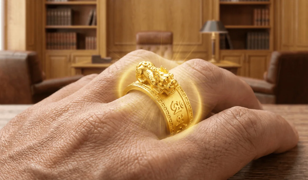 Close-up of a gold Pixiu mantra ring for wealth and spiritual protection with glowing energy effects.