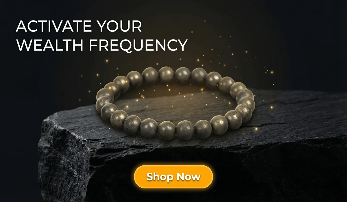 Luxury Chalcopyrite Beads Bracelet for manifesting wealth frequency, featured on a premium dark stone background with a Shop Now button for SEO blog content.