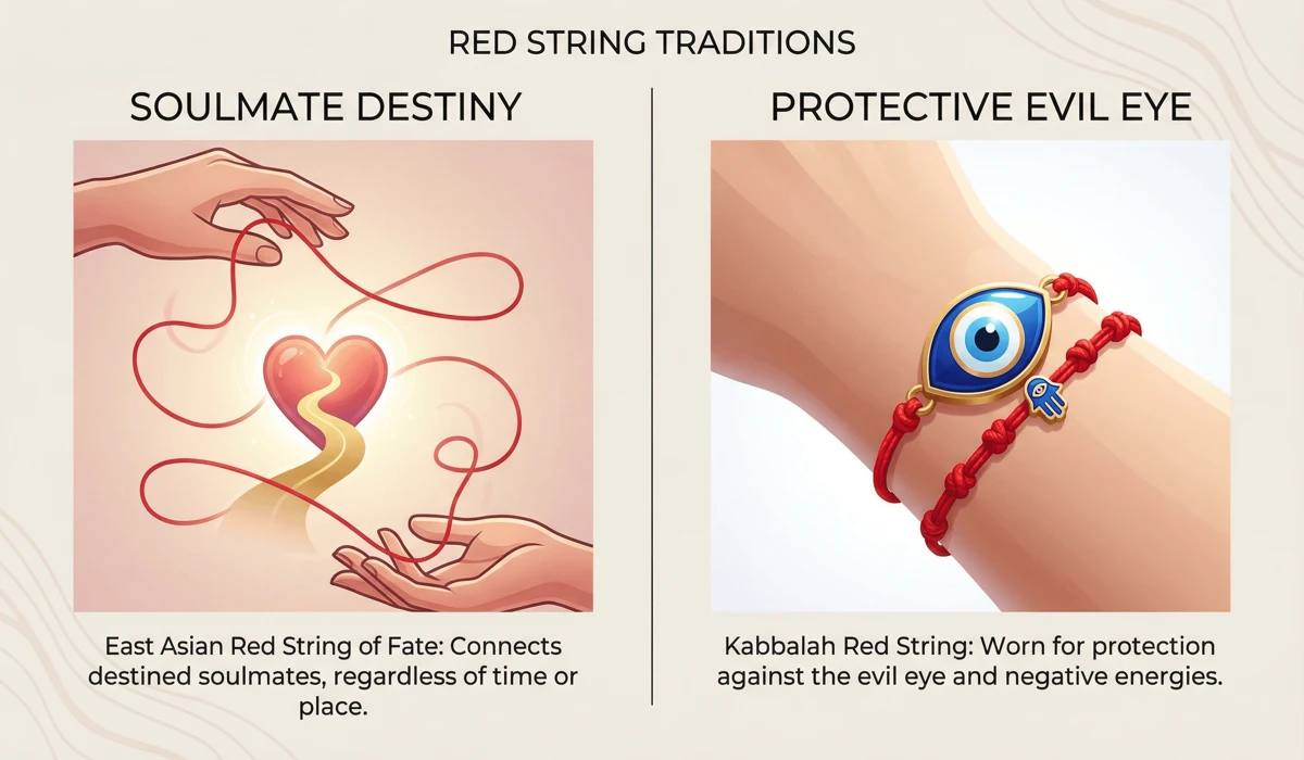 A visual comparison between the East Asian Red String of Fate for soulmates and the Kabbalah red string for protection.