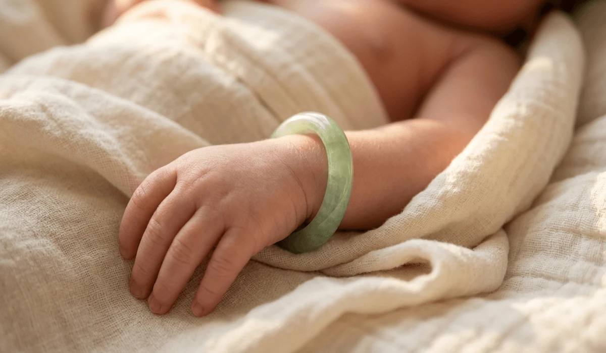 Close-up of a smooth translucent green jade bracelet on a newborn baby's wrist representing health and cultural heritage.