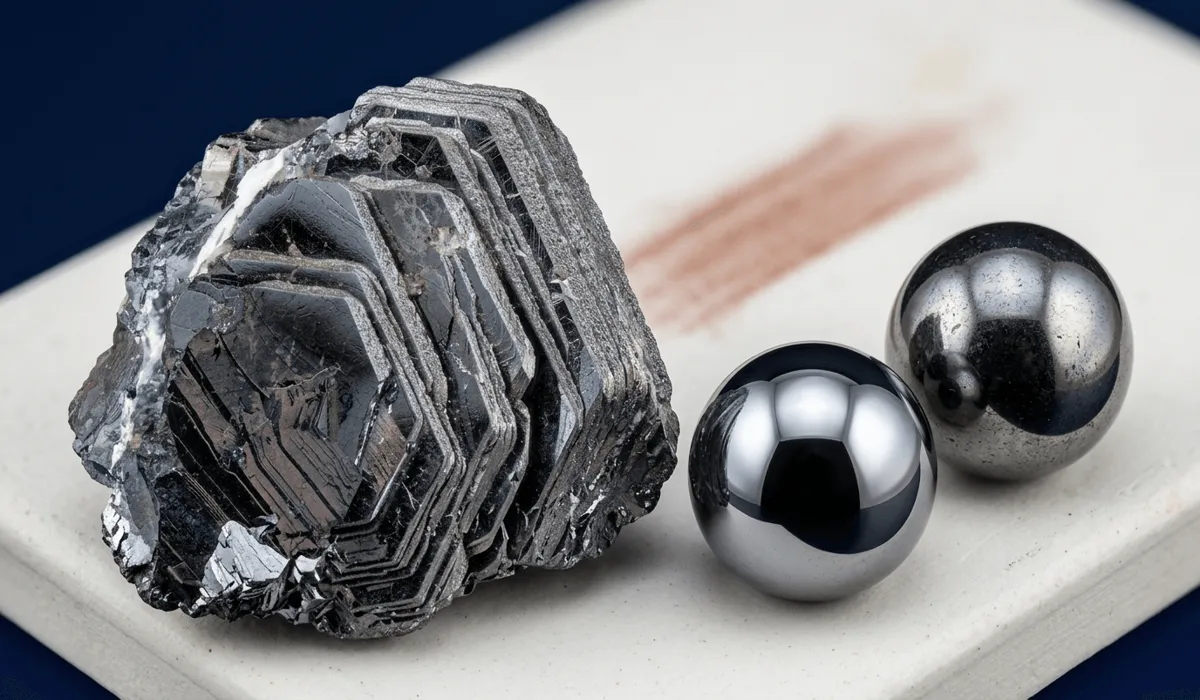 High-quality metallic hematite stones showing silver-black luster and its signature red iron oxide streak.