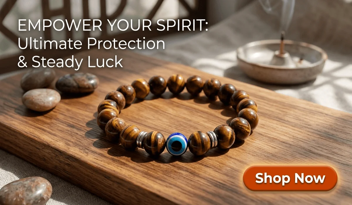 Negativity-Blocking Evil-Eye Tiger's Eye Bracelet for steady luck and protection, high-end spiritual jewelry blog illustration with Shop Now button.
