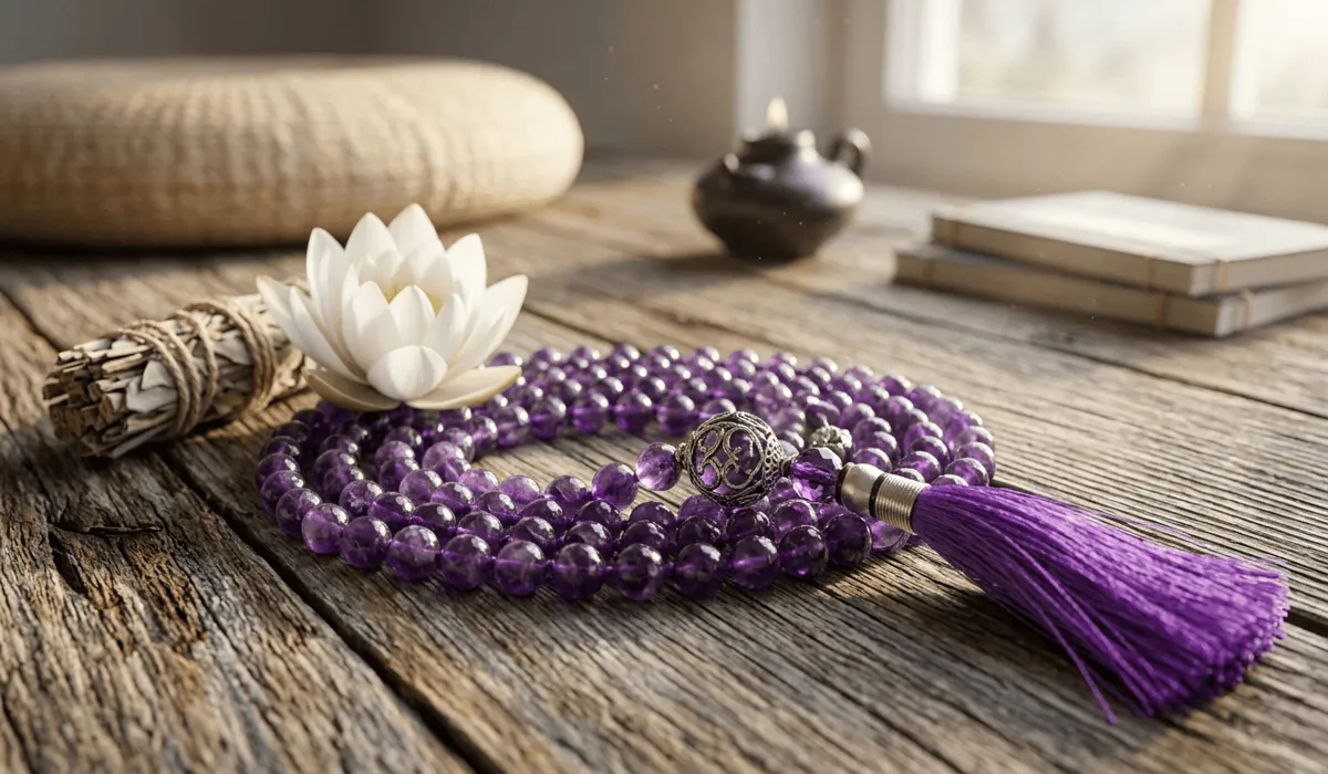 A 108-bead natural amethyst mala necklace with a purple tassel on a wooden table, symbolizing spiritual tools for meditation.