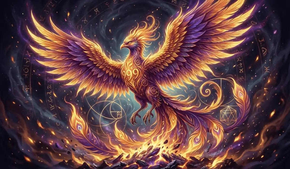 A mystical phoenix rising from ashes with 999 geometry, representing the Phoenix Archetype and emotional alchemy in healing.