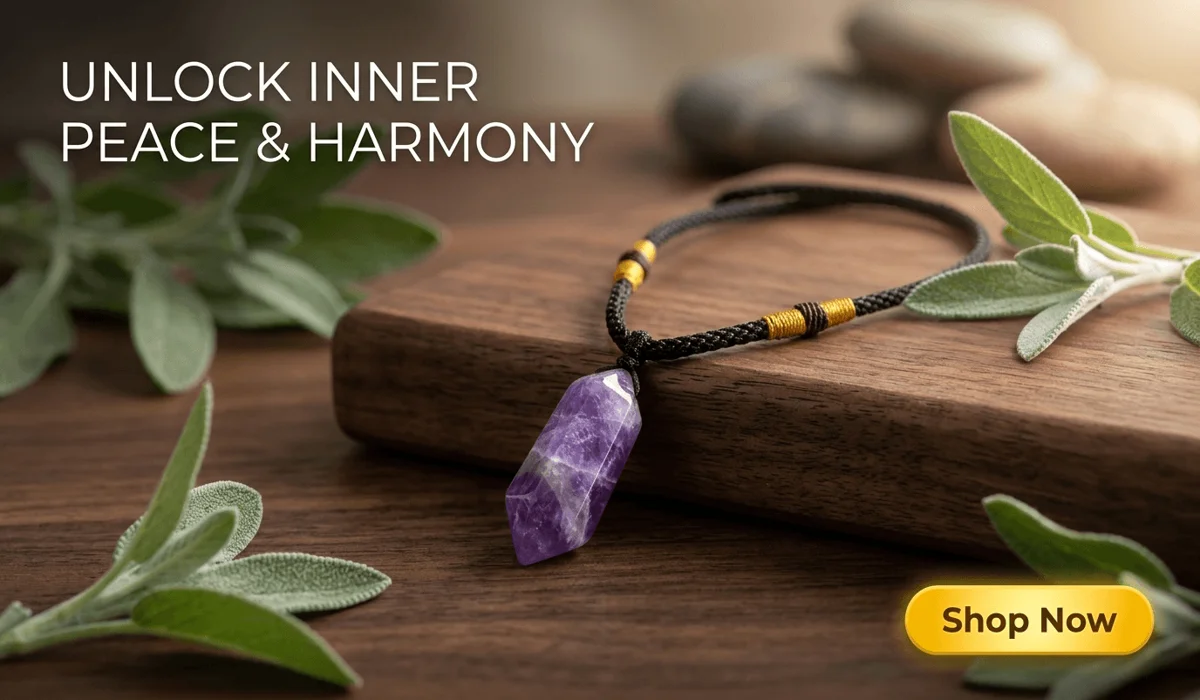 Amethyst Serenity Necklace on a zen-inspired background with a Shop Now button, representing spiritual balance and healing crystal jewelry.