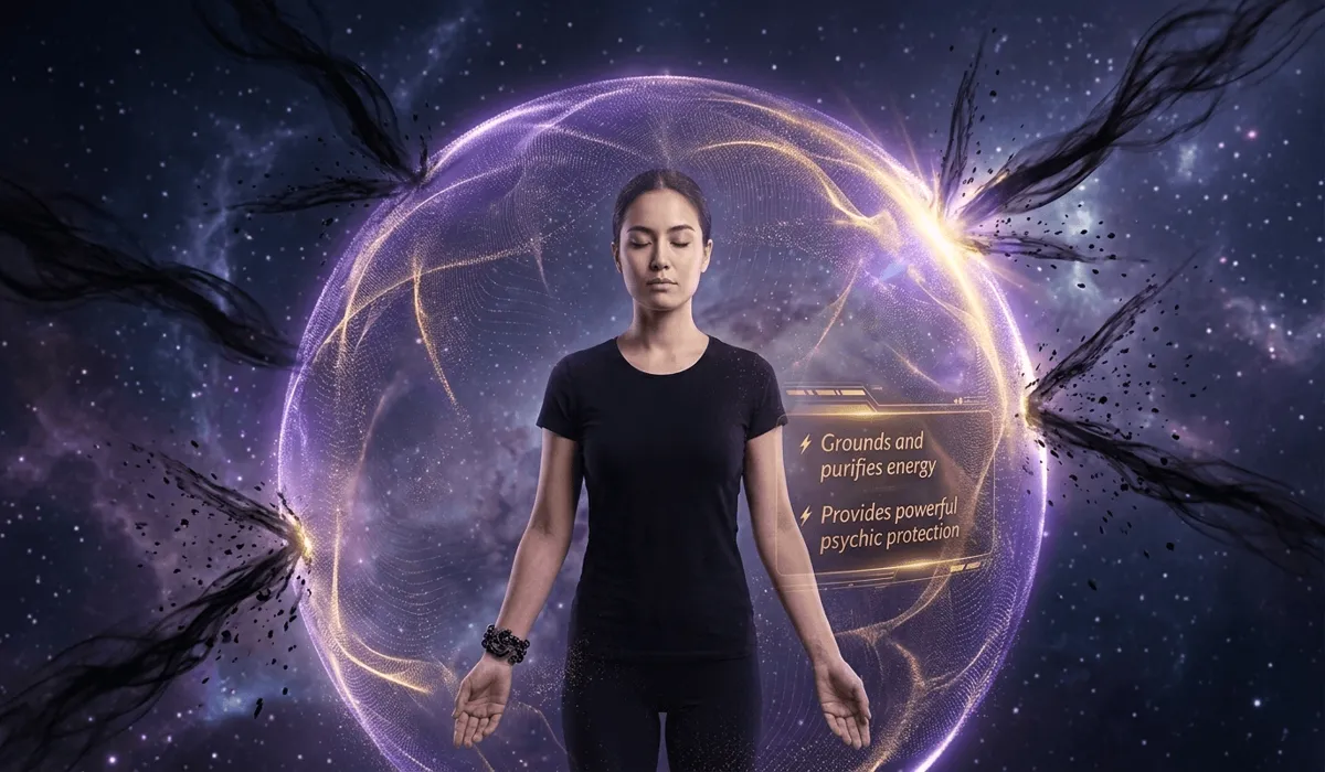 Conceptual illustration of a black obsidian dragon bracelet creating a protective energy shield against negativity.