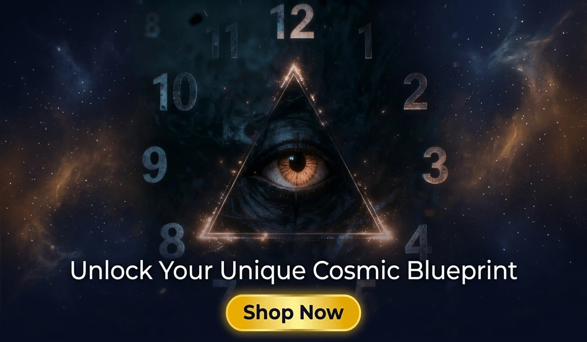Personalized Birth Chart Report featuring a mystical eye and cosmic clock design with a Shop Now button for astrology services.