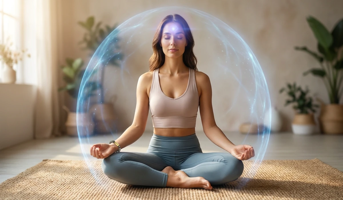 A woman meditating with a Labradorite bracelet to enhance intuition and create a protective aura shield against negative energy.