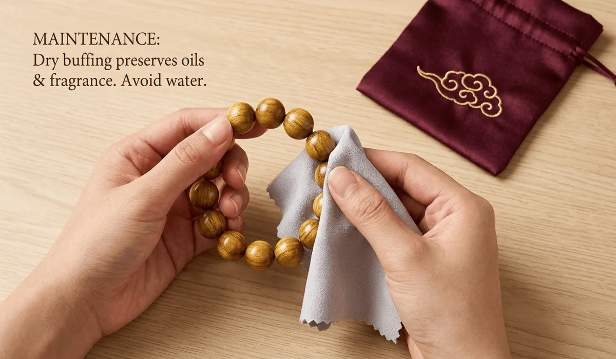 Properly cleaning Phoebe Zhennan beads with a dry microfiber cloth to maintain golden luster.
