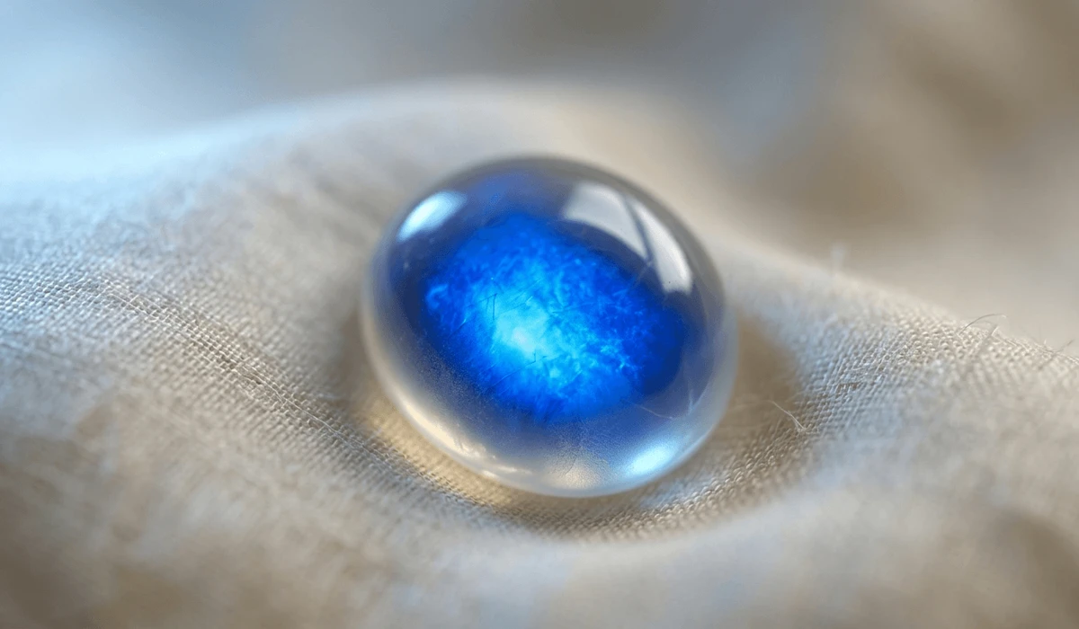 A luminous white moonstone with a blue adularescent glow reflecting light, representing the stone's connection to feminine intuition and lunar energy.
