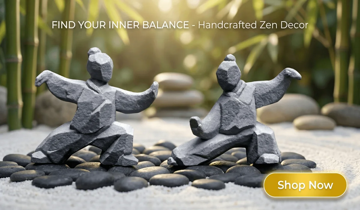 Handmade stone Tai Chi Kung Fu statues in a peaceful Zen garden setting, elegant martial arts home decor for mindful living.