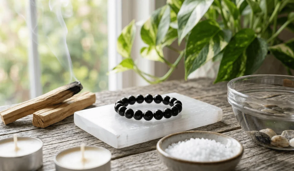 Cleansing a Gold Sheen Obsidian bracelet using a Selenite plate and Palo Santo smoke.