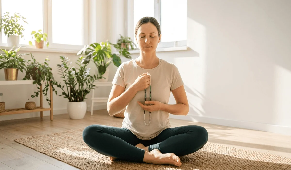 Meditator holding mala beads near the heart during a peaceful intention-setting session.