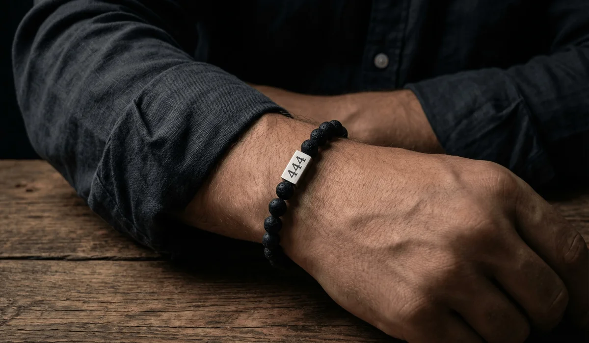 Close-up of a man wearing a black obsidian 444 angel number bracelet for protection and stability.