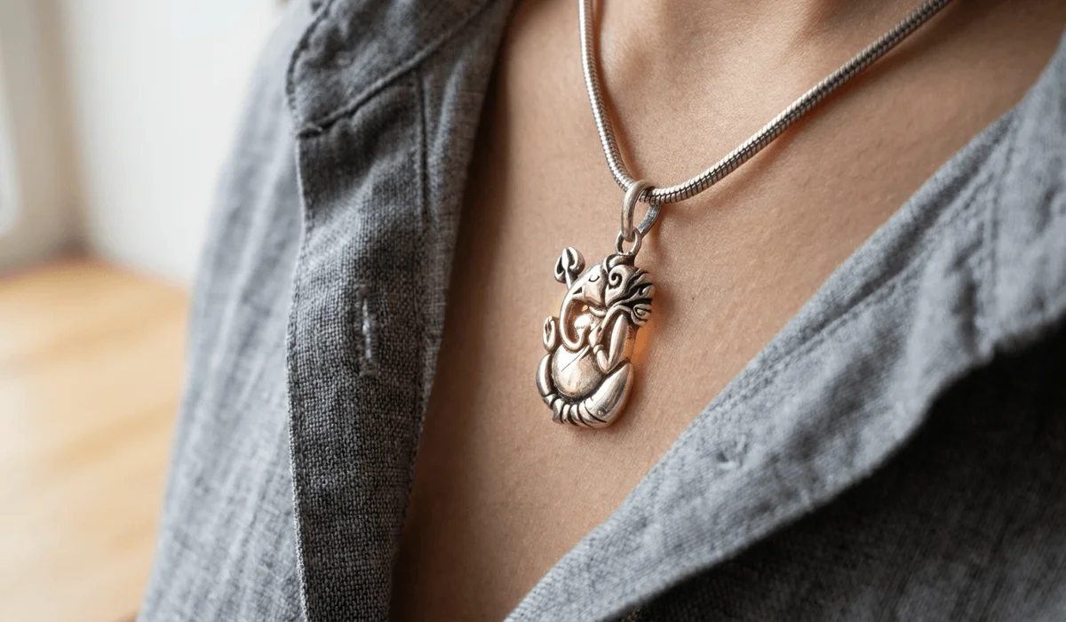 Intricately carved silver Lord Ganesha talisman necklace worn as a protective spiritual anchor.