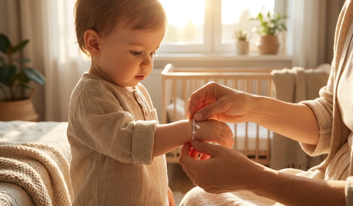 A parent placing a spiritual protection bracelet on a toddler's left wrist during a first birthday blessing ceremony to attract calming energy.