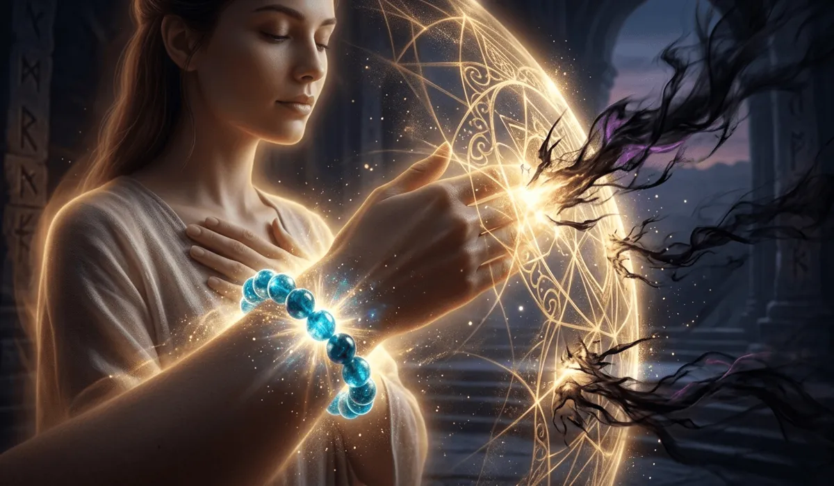 Digital illustration of a spiritual bracelet acting as an energy protection barrier, absorbing dark negative energy into glowing crystals.