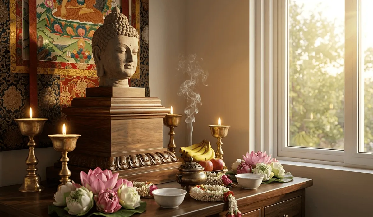 Correct cultural placement of a Buddha head on a high altar for respect and spiritual alignment.