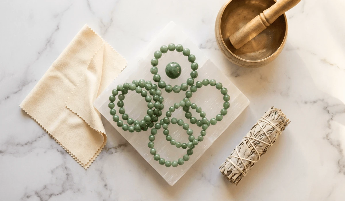 Flat-lay setup showing real jade gemstone jewelry placed on a selenite charging slab alongside a singing bowl and soft cleaning cloth.