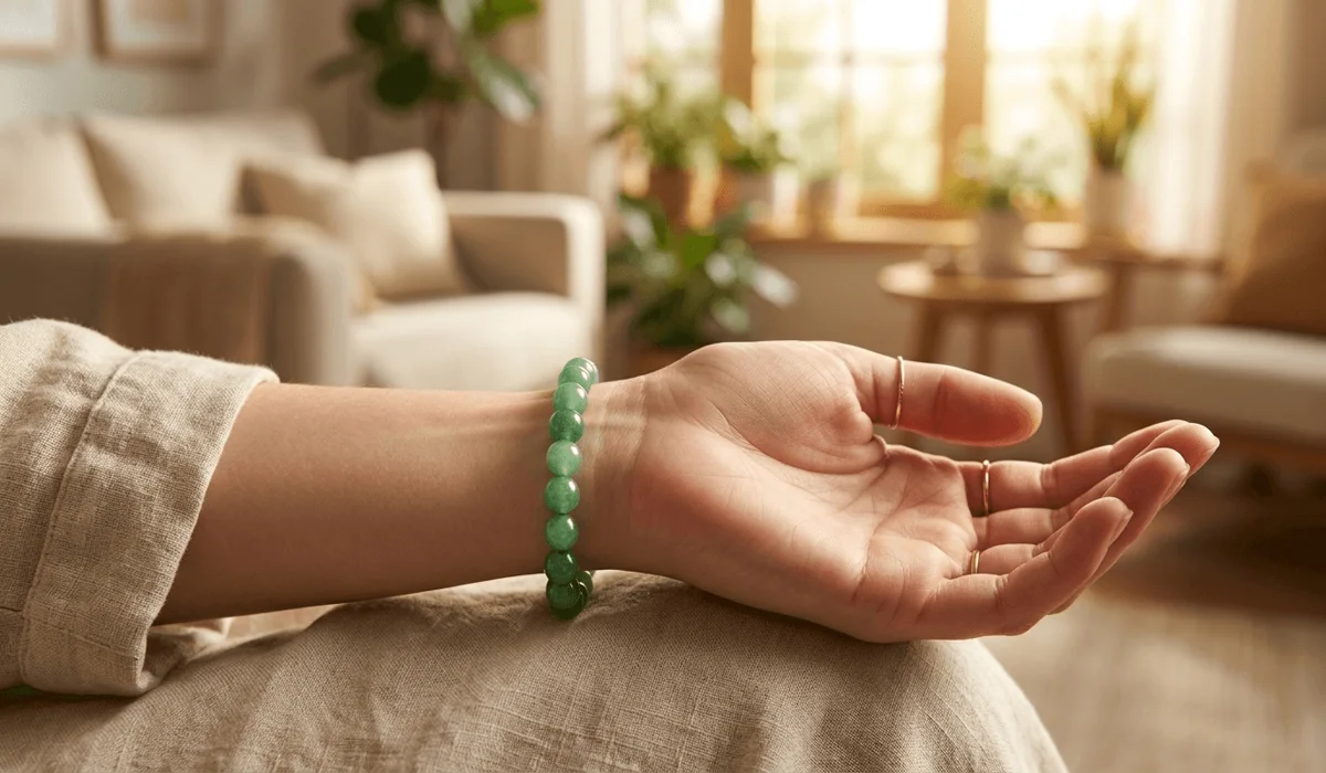 A Green Aventurine bracelet worn on the left hand to attract calming vibrations and emotional harmony.