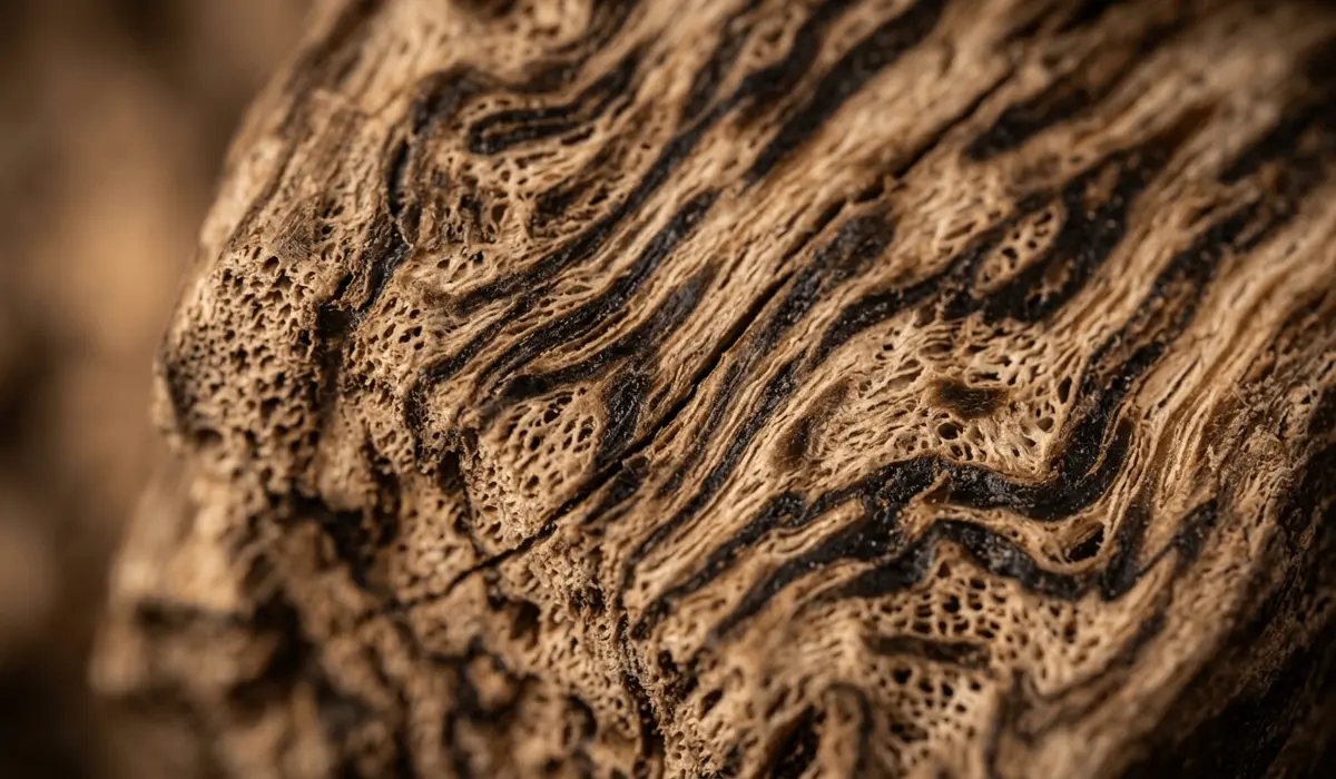 Macro shot of authentic Agarwood showing natural resinous phloem patterns and irregular wood grain for identification.