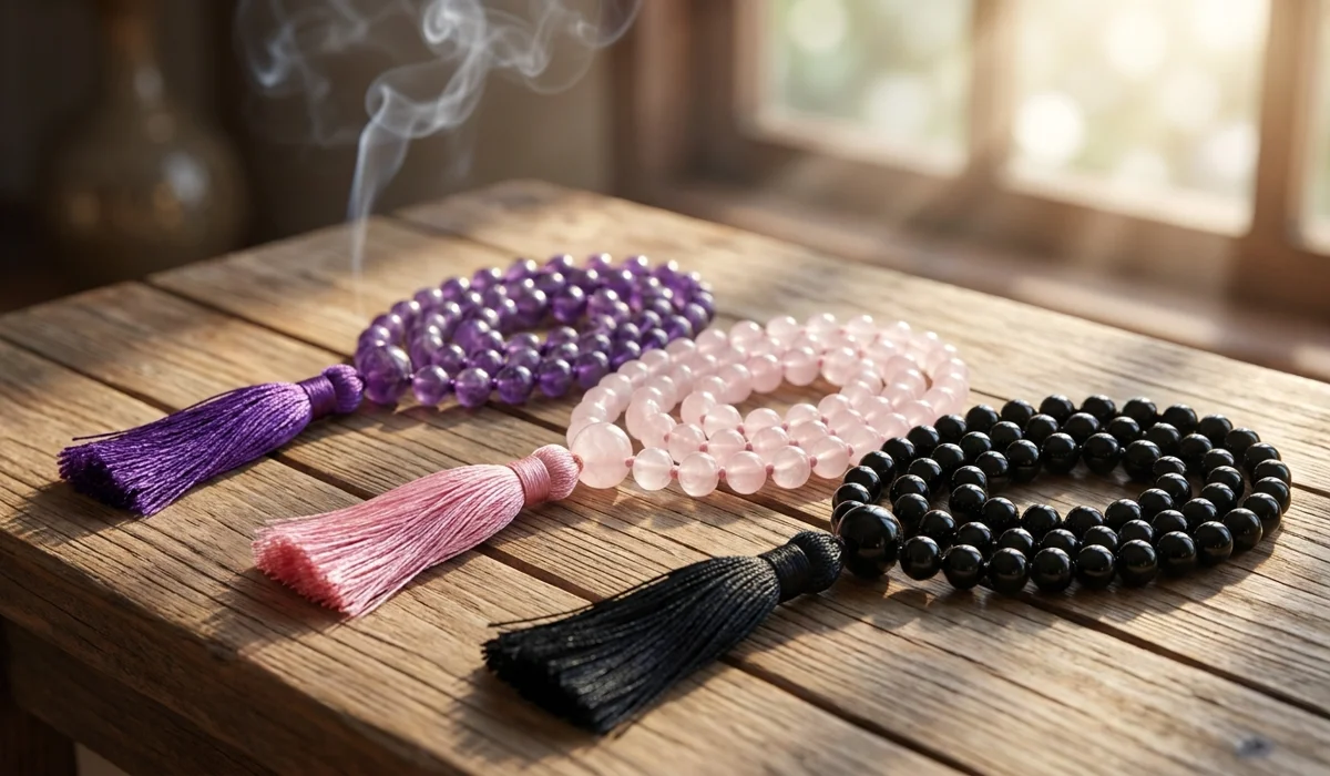A variety of gemstone mala beads including Amethyst and Rose Quartz with 108 beads and a guru bead for Japa meditation.