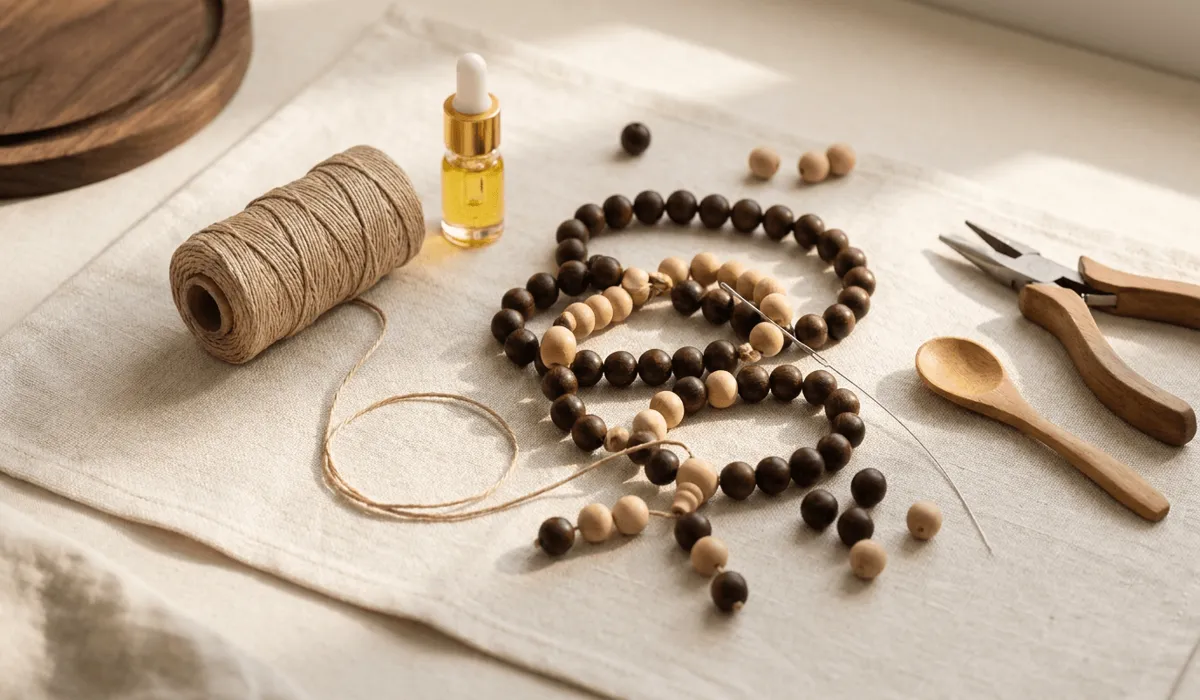 Flat-lay workspace with sandalwood beads, braided cord, and natural oil for DIY wood mala restringing.