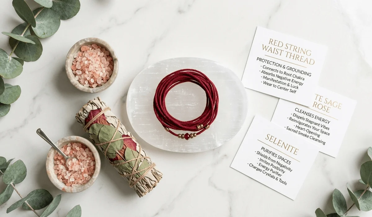 A collection of spiritual cleansing tools including sage, selenite, and a red string waist thread for energy charging.