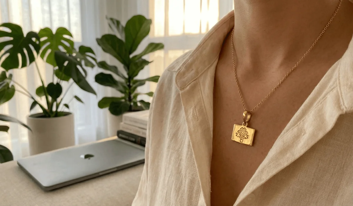 A modern gold Endless Knot pendant necklace being worn as a protective talisman for mindfulness and digital balance.