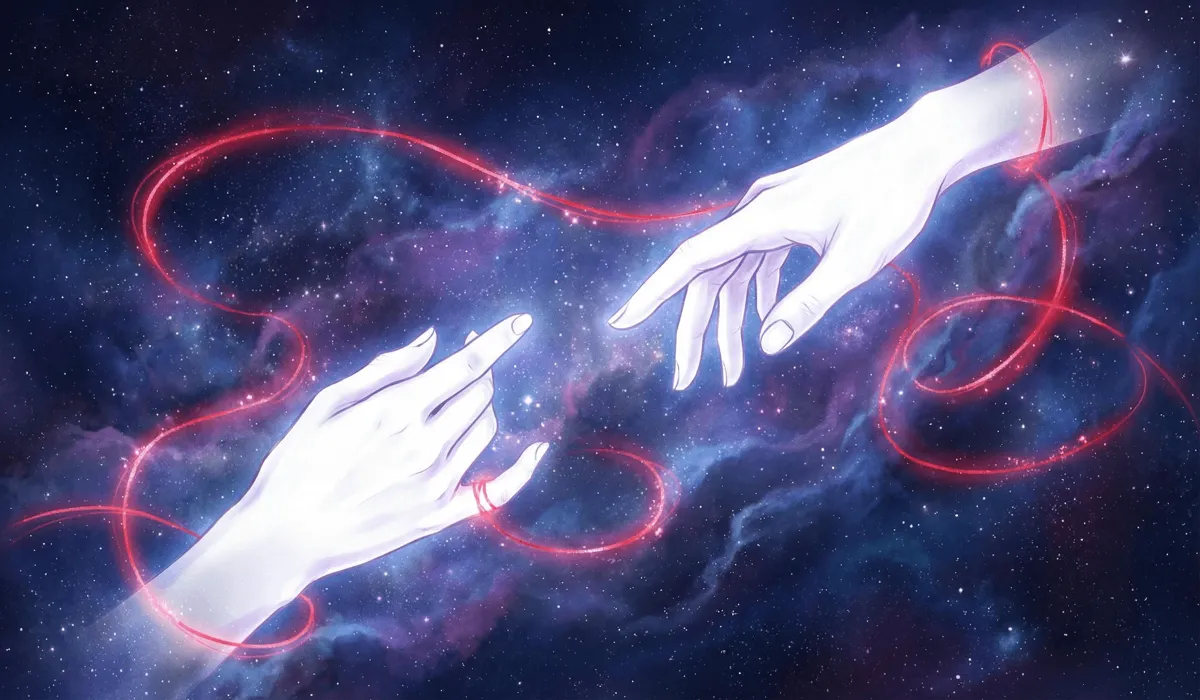 An artistic representation of the Red Thread of Fate legend showing an invisible red string connecting two souls across destiny.